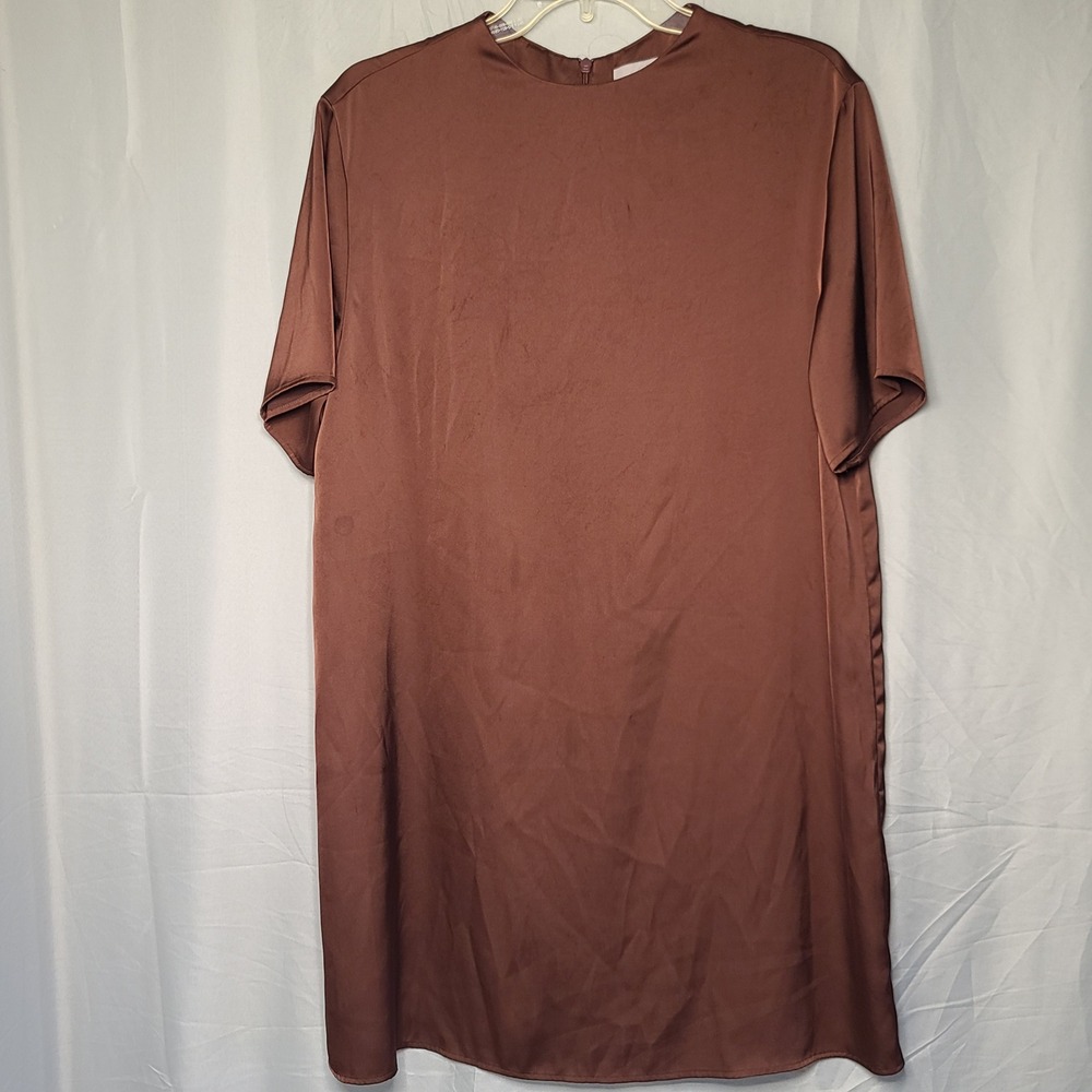 H&M Satin Blouse Womens Medium Brown Mock Neck Short Sleeve Zipper Back Top